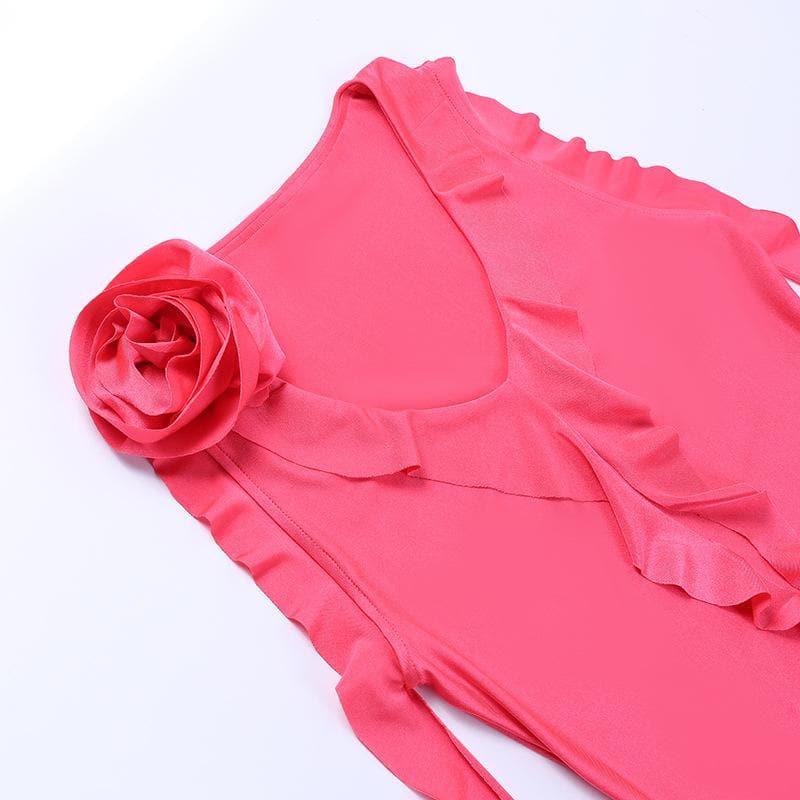 Ärmelloses Minikleid mit V-Ausschnitt, Rüschen und Blumenapplikation