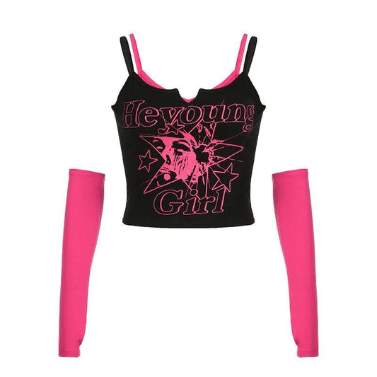 Abstraktes Patchwork-Crop-Top mit Kerbkragen und kontrastierenden Handschuhen