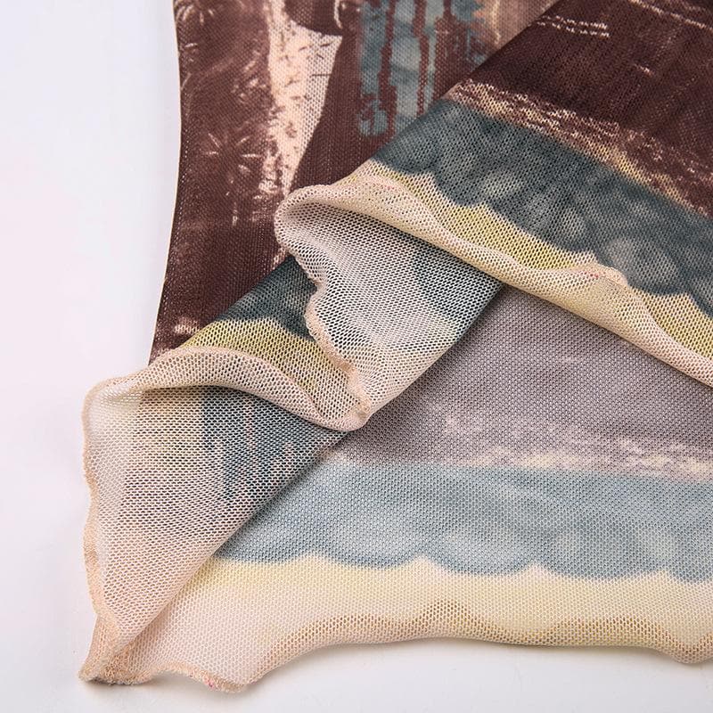 Sheer mesh see through long sleeve abstract top