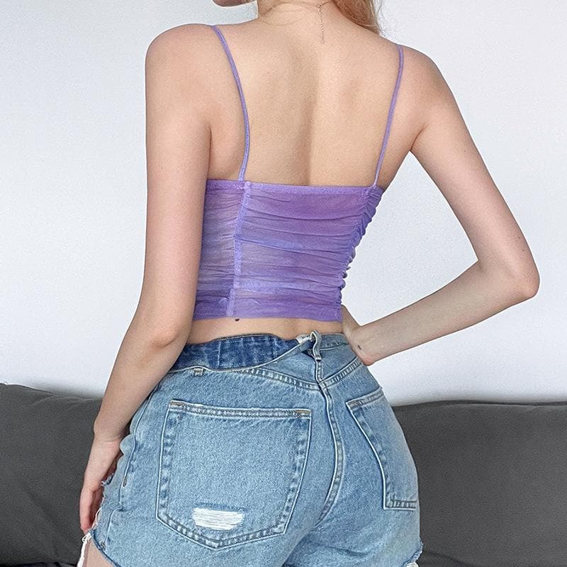 Rückenfreies Camisole-Oberteil aus Netzstoff mit Spitzensaum und V-Ausschnitt und Batikmuster