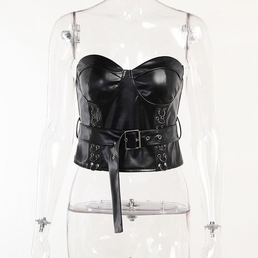 Sweetheart neck backless belt PU leather corset zip-up top