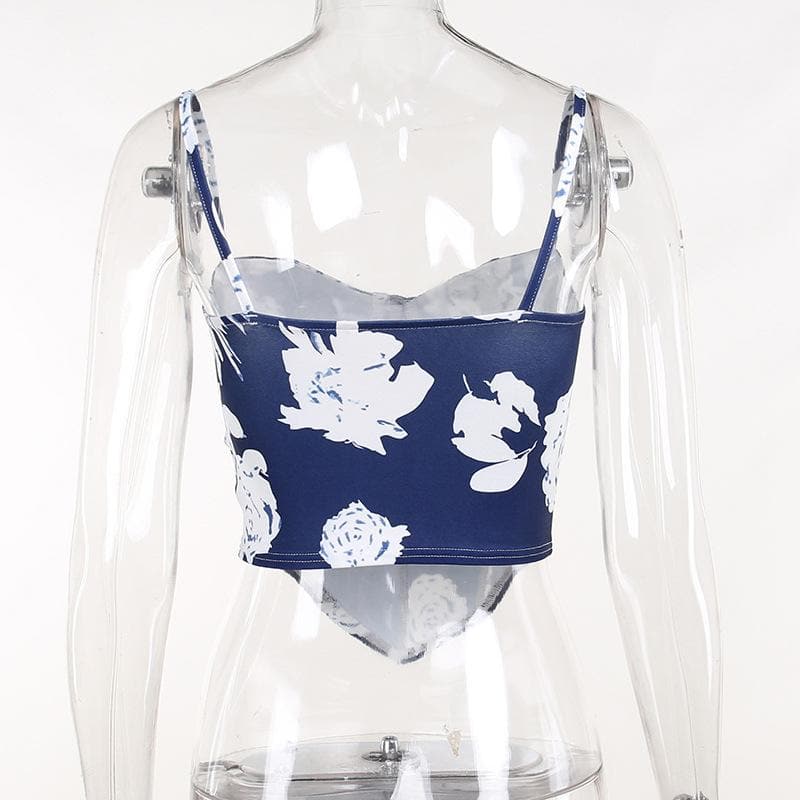 Top canotta con cuciture a corsetto e scollo quadrato a contrasto con stampa floreale