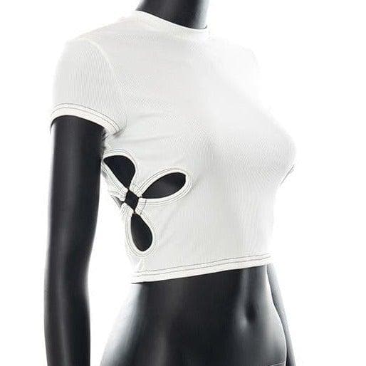 Hollow out ring crewneck short sleeve ribbed top - Final Sale