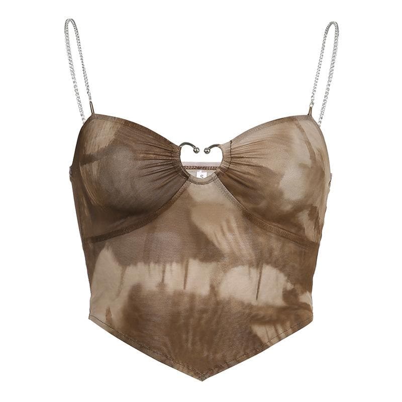 Top corto tie-dye trasparente con catena in metallo arricciato