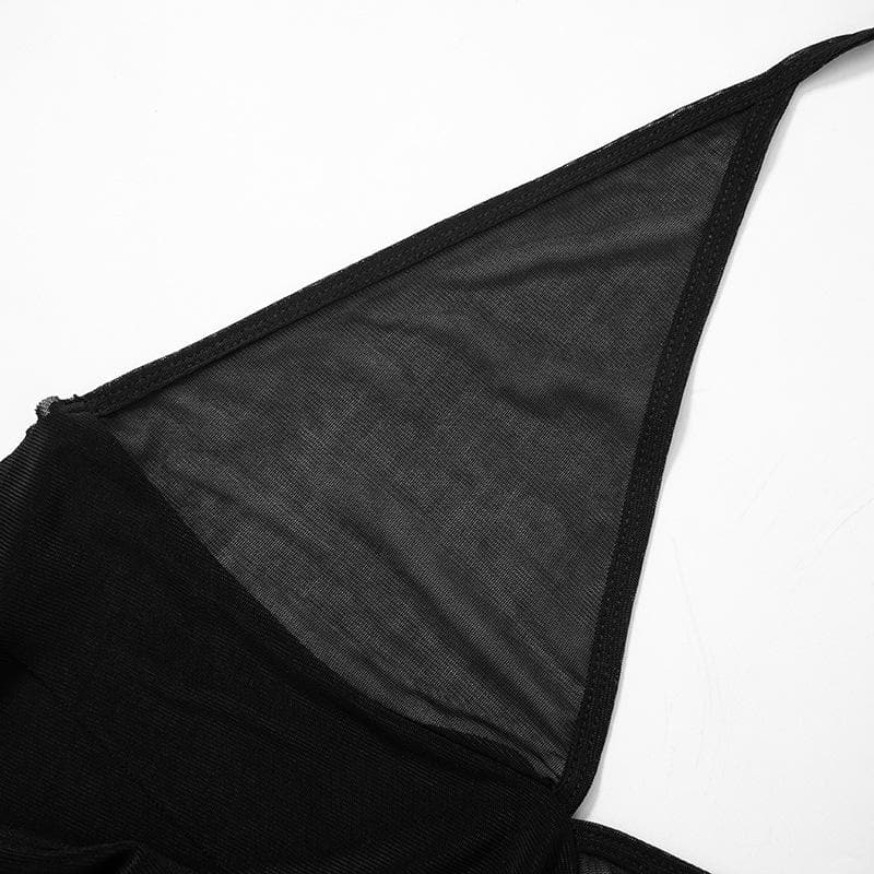 Top corto con scollo a V, schiena scoperta, volant e rete trasparente