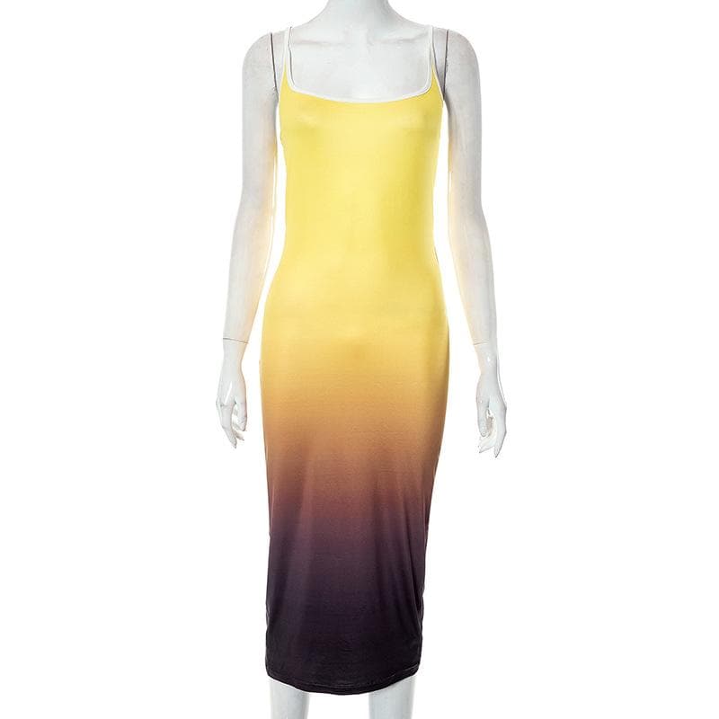 Rückenfreies, kontrastierendes 2-Wege-Camisole-Midikleid mit Farbverlauf und quadratischem Ausschnitt