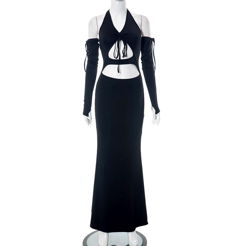 Maxikleid zum Selbstbinden mit ausgehöhlten Neckholder-Handschuhen