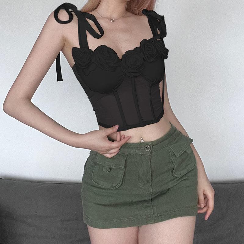 Top corto bustier con schiena scoperta e applicazione di fiori in rete