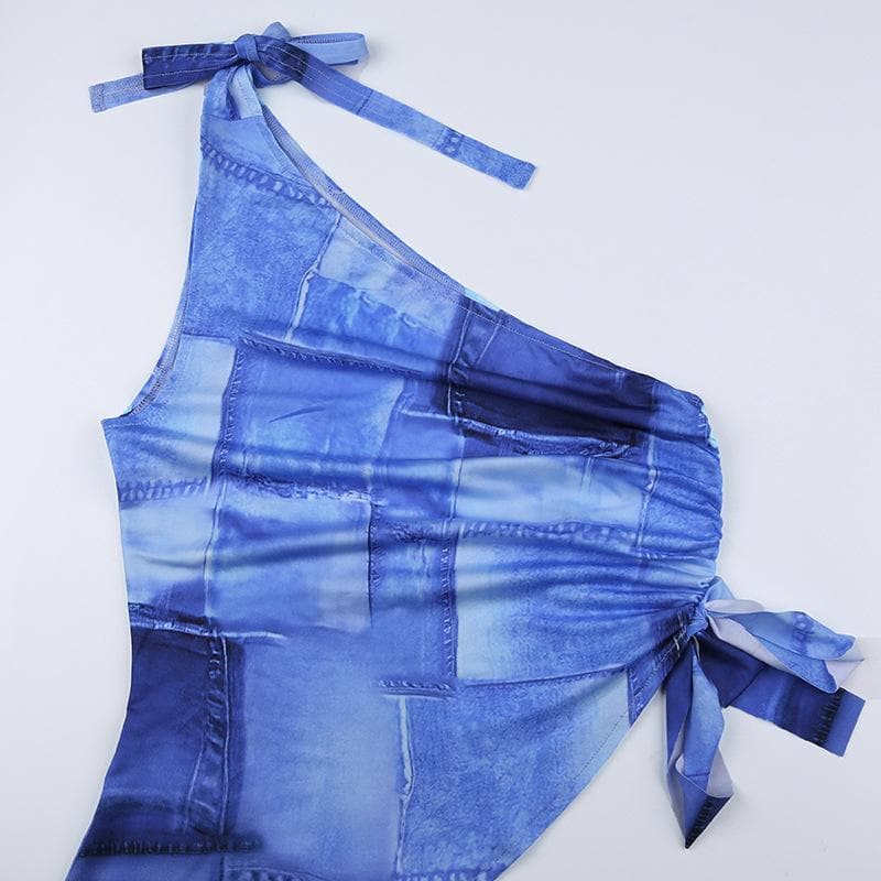 Top in denim con stampa e coulisse irregolare con monospalla