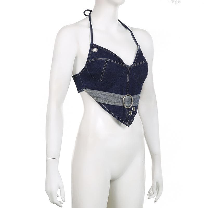 Top corto in denim con scollo a V, fibbia a contrasto con cuciture, lacci e schiena scoperta