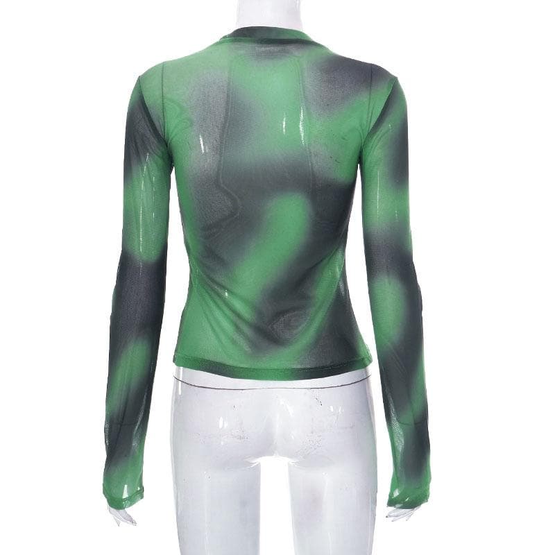 Maglia a rete trasparente con stampa tie-dye a maniche lunghe e scollo rotondo a contrasto