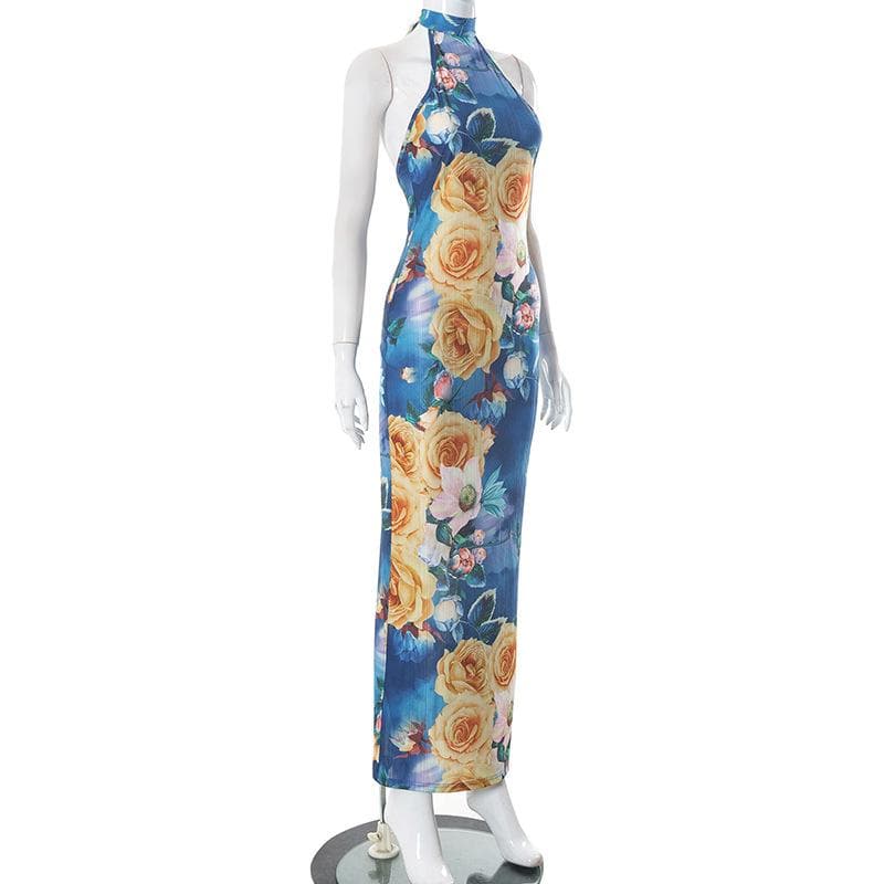 Rückenfreies Maxikleid aus transparentem Netzstoff mit Blumenmuster und Neckholder in Kontrastfarbe zum Binden