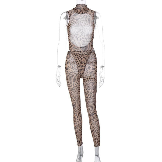 Durchsichtiges Bodysuit-Hosenset aus transparentem Netzstoff mit hohem Halsausschnitt und ärmellosem Sternmuster