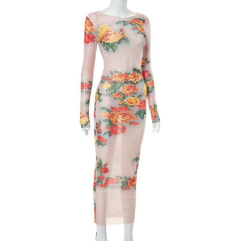 Maxikleid mit langen Ärmeln und transparentem Netzstoff im Kontrastmuster mit Blumenmuster