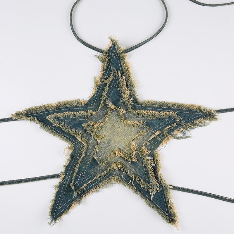 Top a contrasto senza schienale con motivo a stelle in denim con lacci all'americana