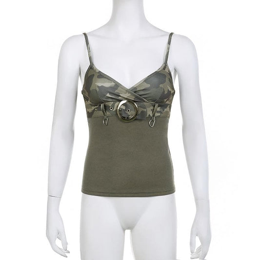 Contrast camouflage print v neck buckle cami top