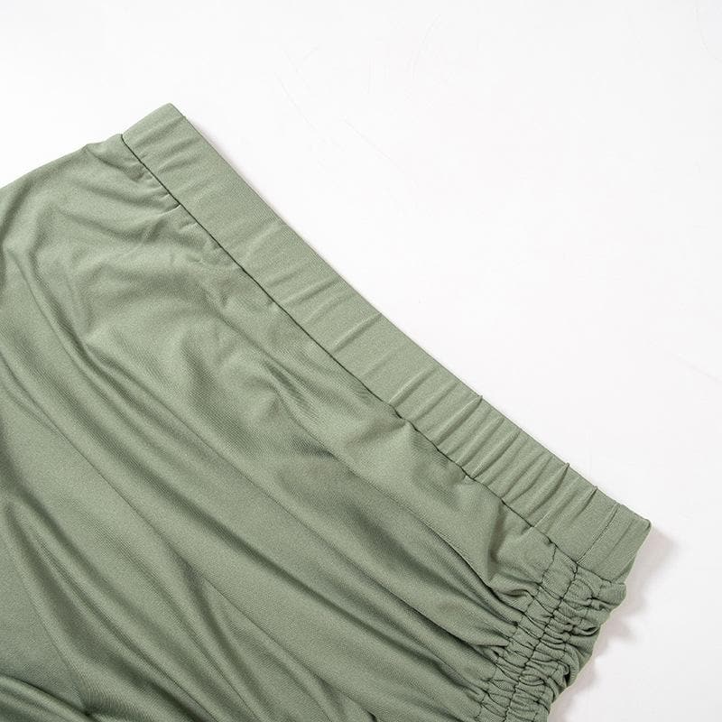 Ruched gloves backless self tie drawstring solid mini skirt set