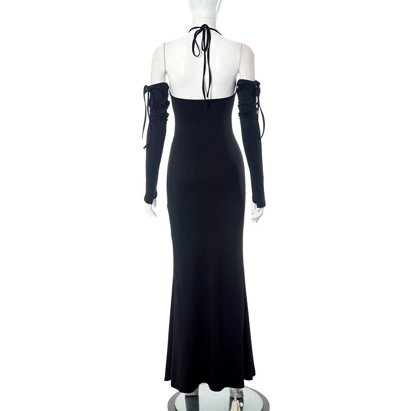 Maxikleid zum Selbstbinden mit ausgehöhlten Neckholder-Handschuhen