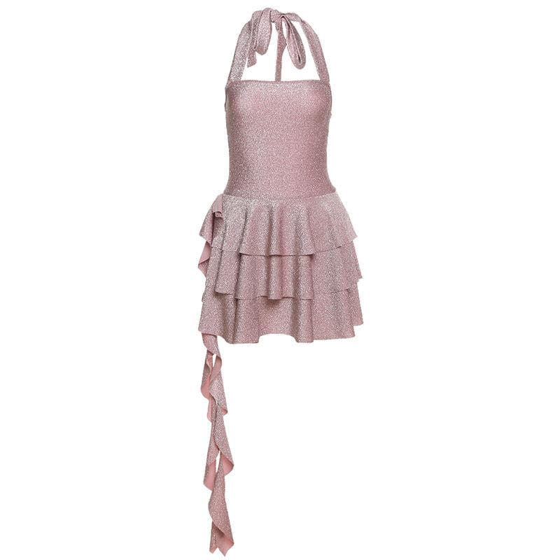Solid halter textured pleated self tie backless mini dress