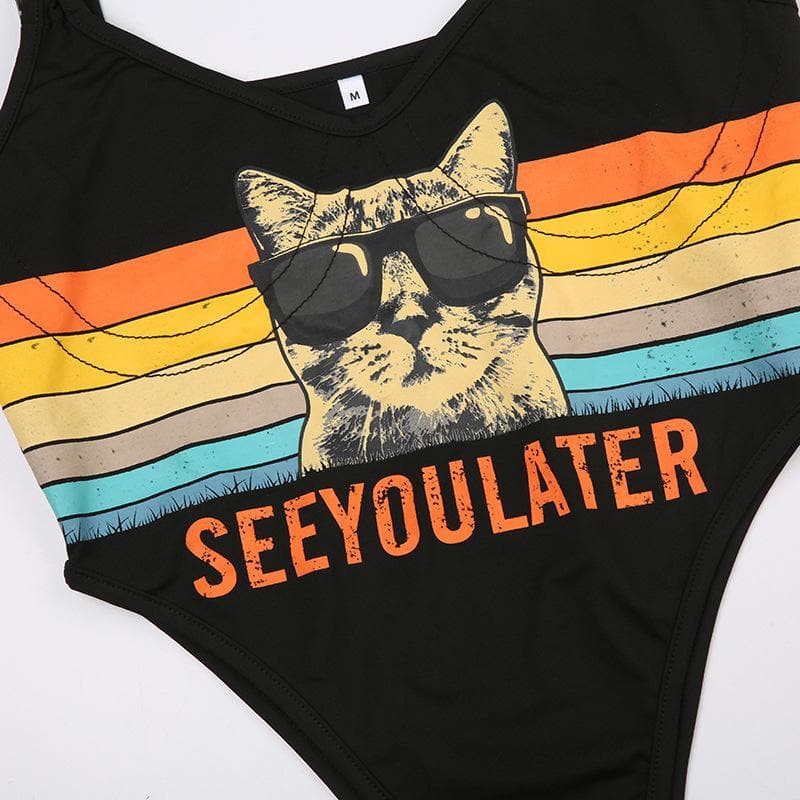Body senza maniche a contrasto con motivo a gatto, scollo a V con fibbia e schiena scoperta