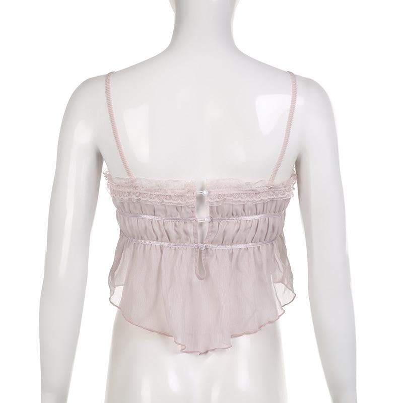 Top corto in chiffon con volant plissettato e orlo in pizzo con bottoni