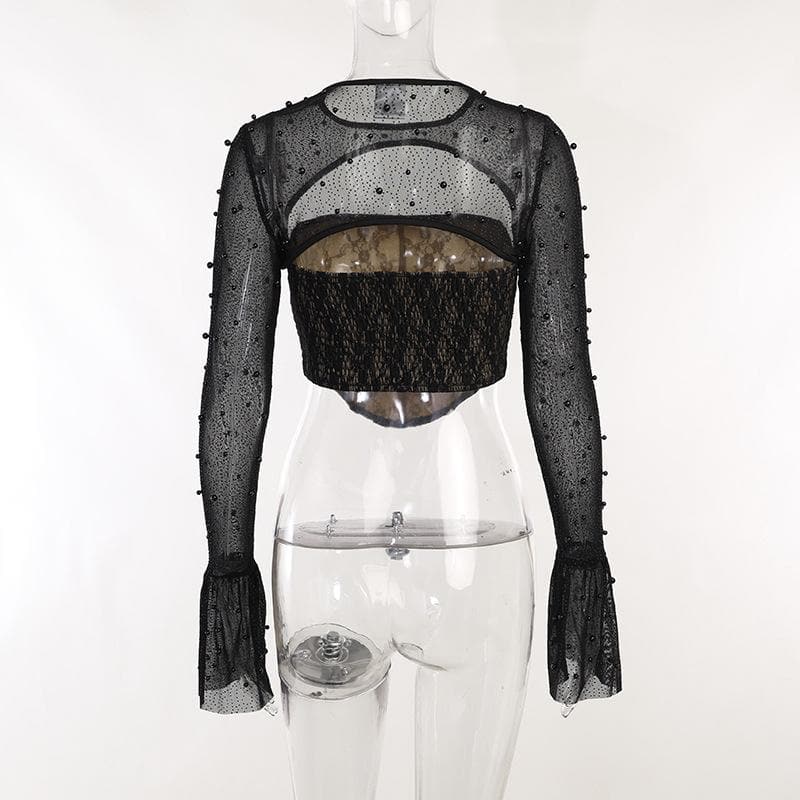 Top in 2 pezzi con corsetto con perline e maniche svasate in pizzo