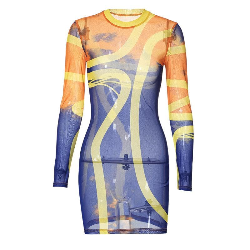 Transparentes Netzstoff-Minikleid mit langen Ärmeln und kontrastierendem Rundhalsausschnitt