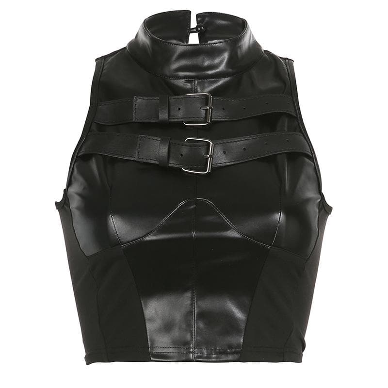 Top corto in similpelle con bottoni patchwork senza maniche e fibbia