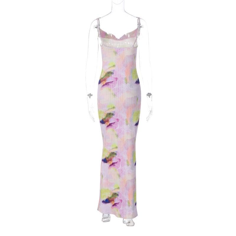 Rückenfreies Maxikleid mit Wasserfallausschnitt, V-Ausschnitt und Kontrastdruck