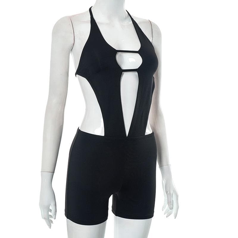 Hollow out solid halter backless self tie romper