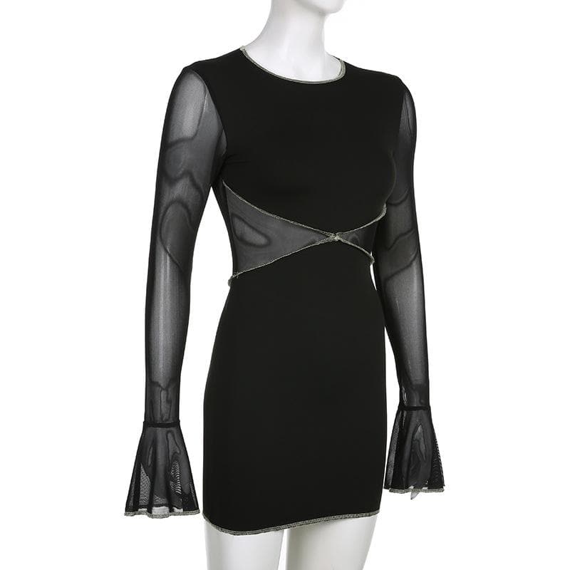Stitch mesh flared sleeve contrast patchwork mini dress
