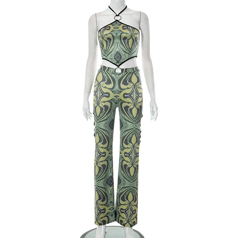 Halter o ring hollow out backless contrast print pant set