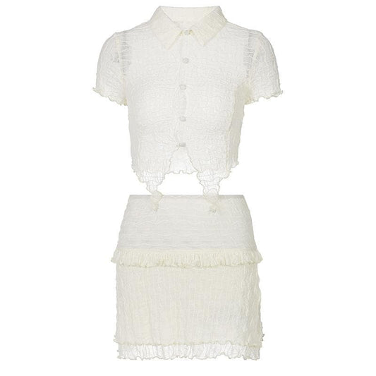 Textured button turnover collar short sleeve ruffle mini skirt set