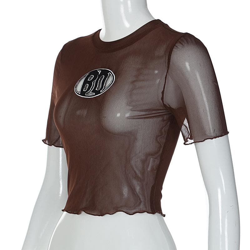 Short sleeve sheer mesh see through ruffle embroidery crop top