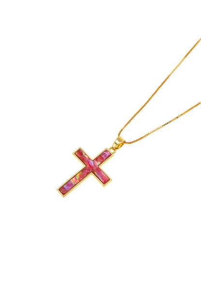 Linda Rose Pink Shell Cross Summer Golden Necklace