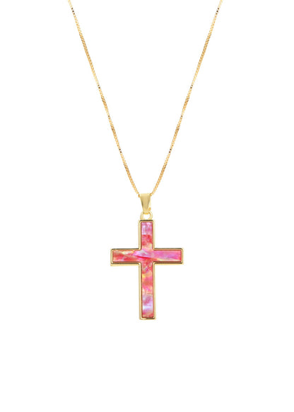 Linda Rose Pink Shell Cross Summer Golden Necklace