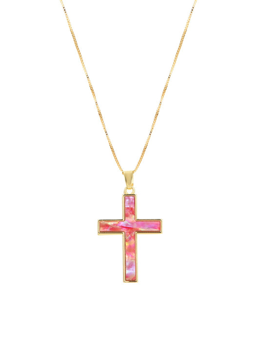 Linda Rose Pink Shell Cross Summer Golden Necklace
