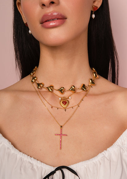 Charline Red Rose Fine Cross Golden Necklace