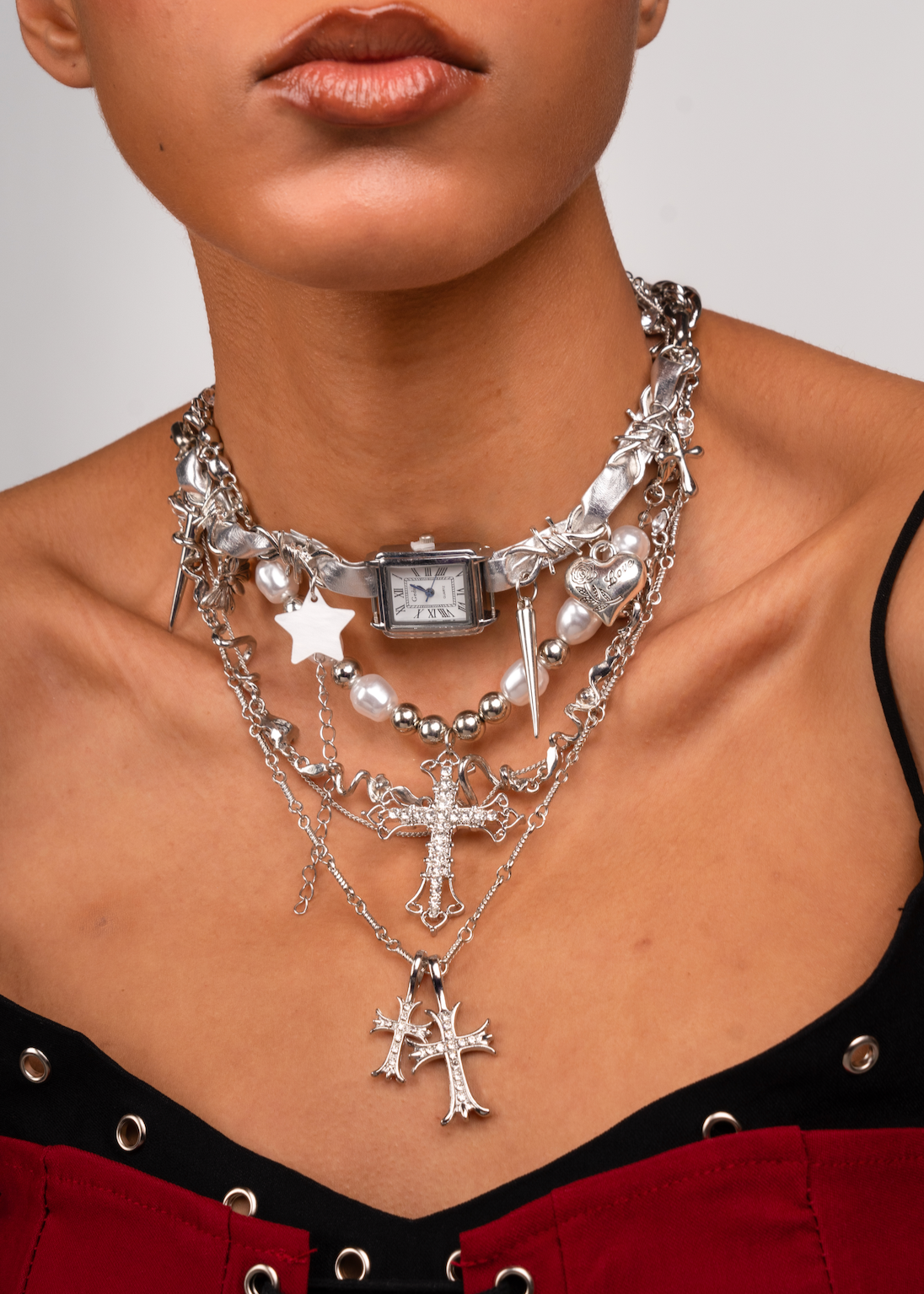 Mitternachtsuhr Y2k Grunge Silber Choker Halskette