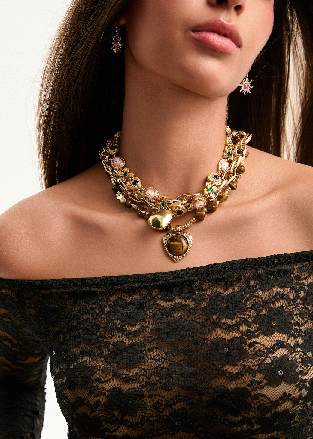 Collana in pietra marrone con occhio di tigre dorato Manuelle