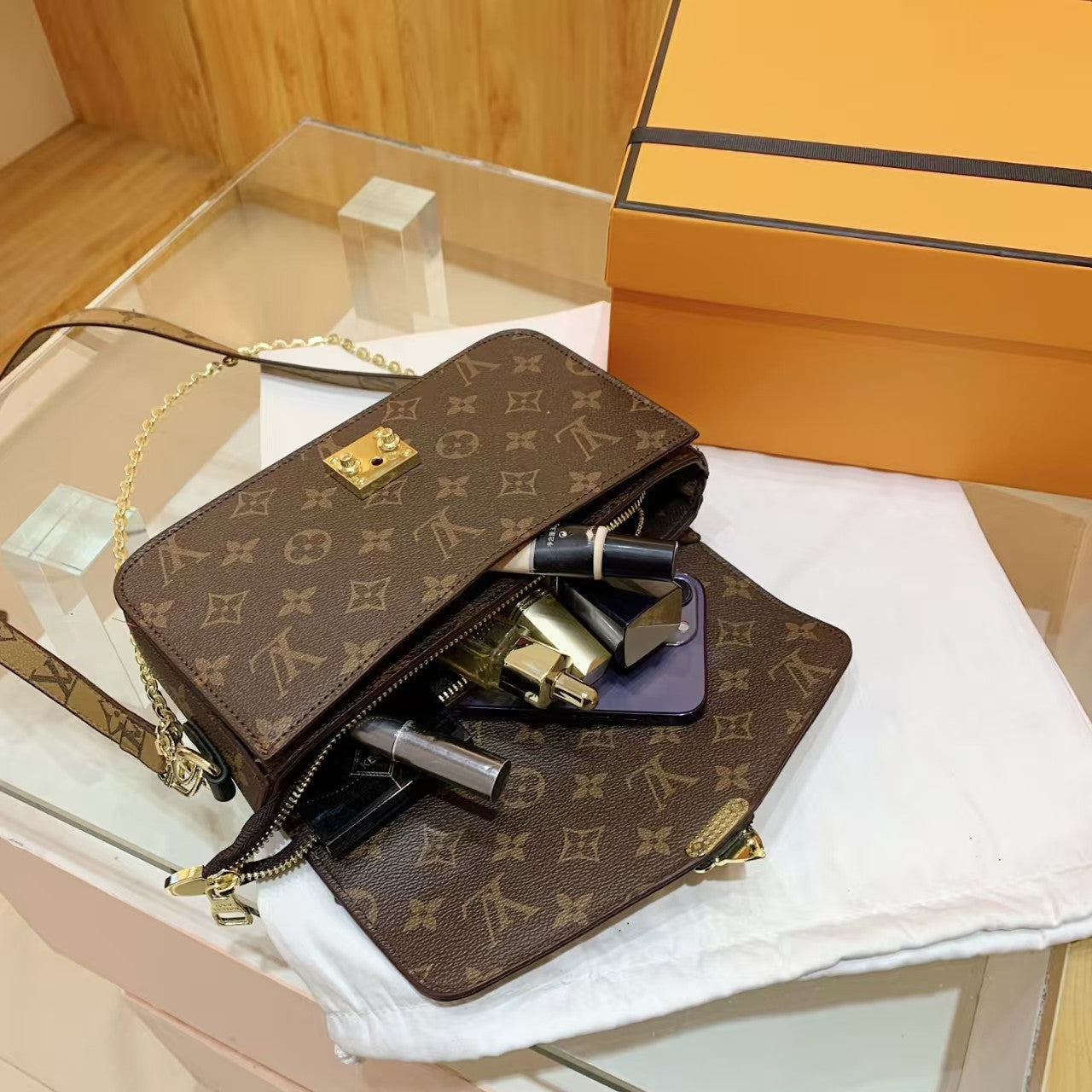 Popular Long Chain Brown Phone Bag