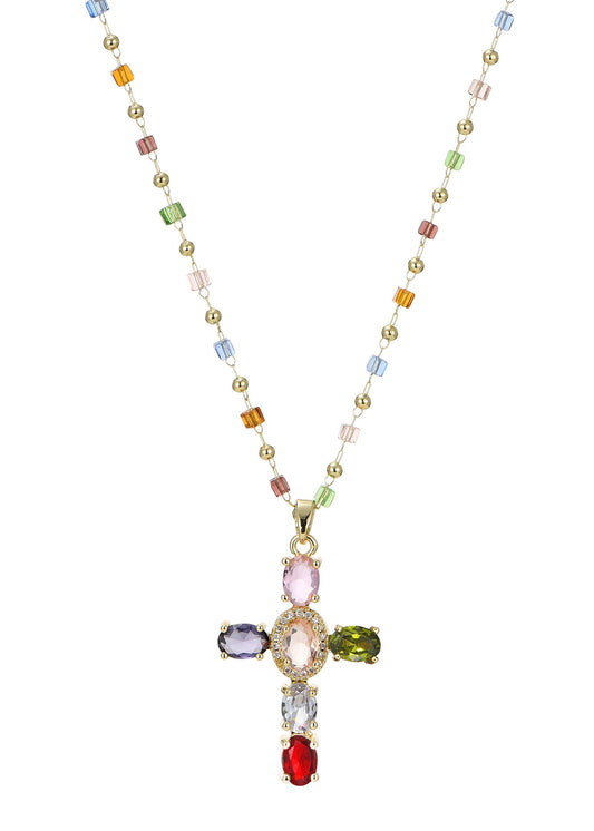 Geraldine Bunte Kristallkreuz-Goldkette