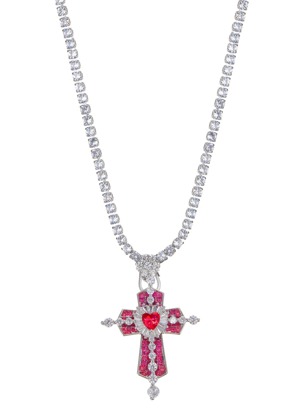 Trya Rotes Herz-Kreuz Glitzernde Halskette - Royal