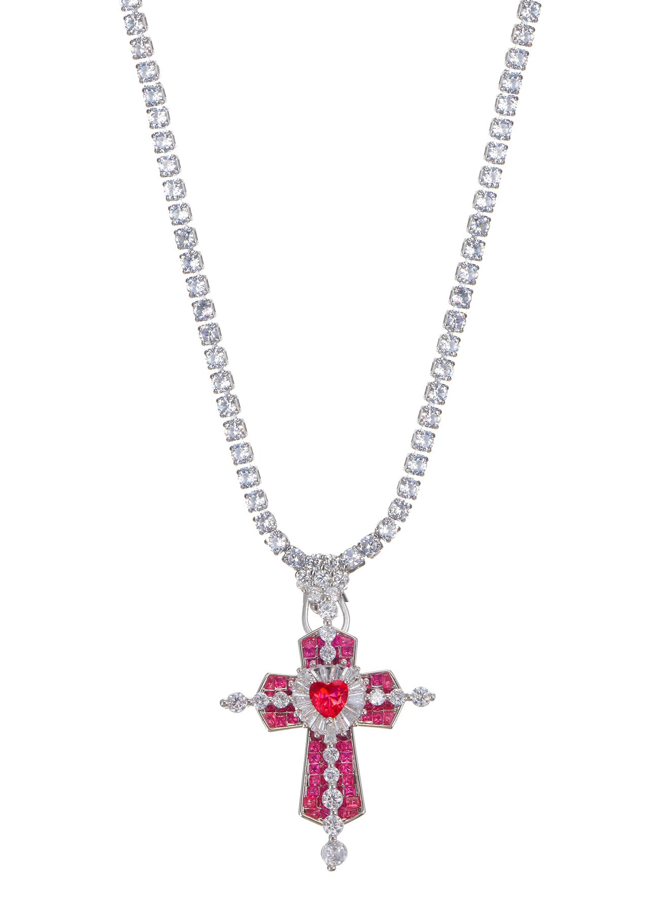 Trya Rotes Herz-Kreuz Glitzernde Halskette - Royal
