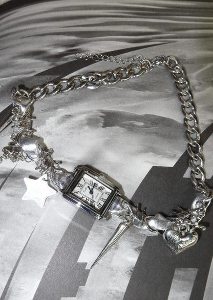Midnight O'Clock Y2k Grunge Silver Choker Necklace