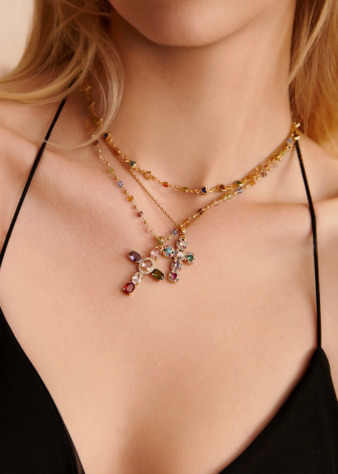 Geraldine Bunte Kristallkreuz-Goldkette