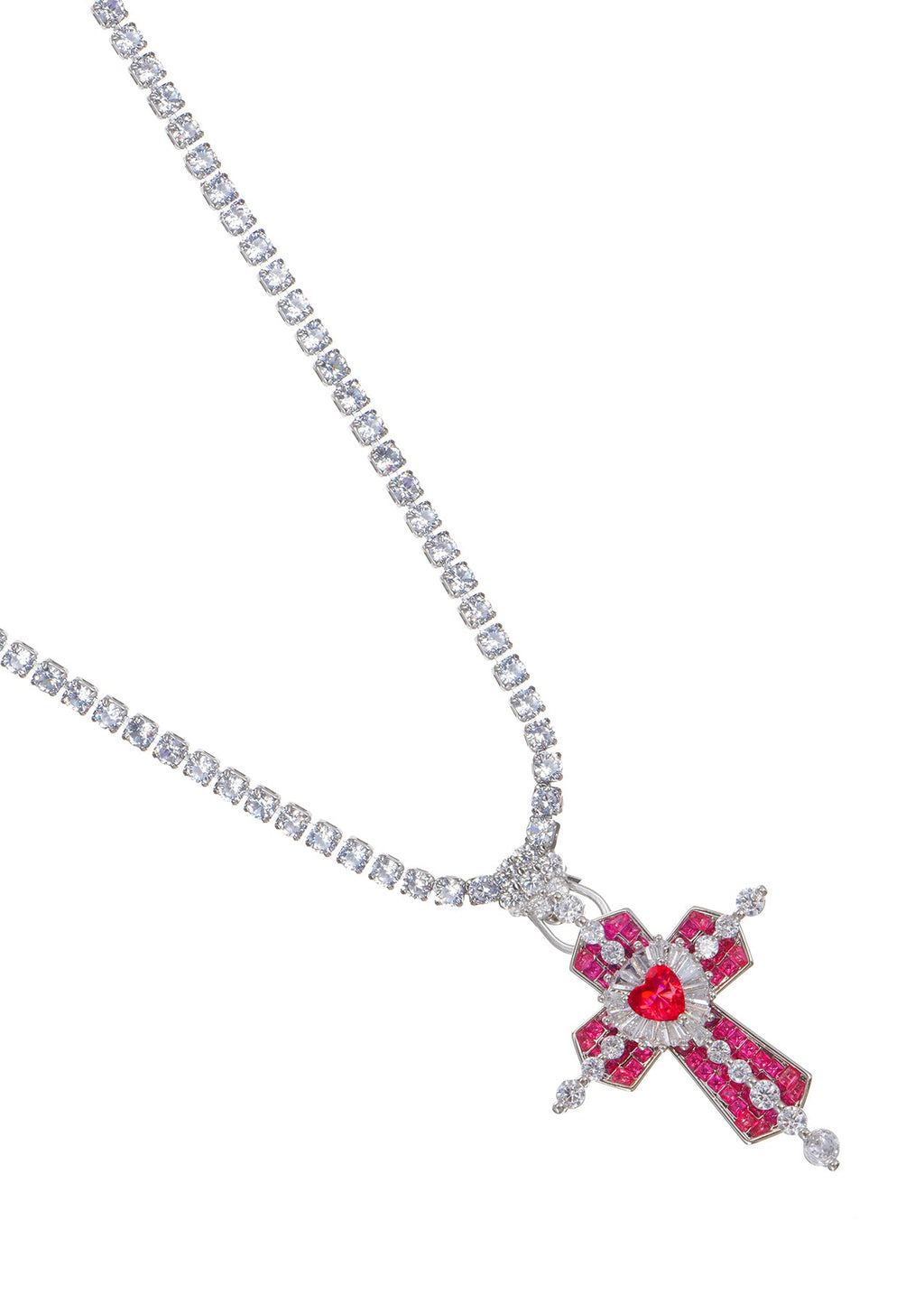 Trya Rotes Herz-Kreuz Glitzernde Halskette - Royal