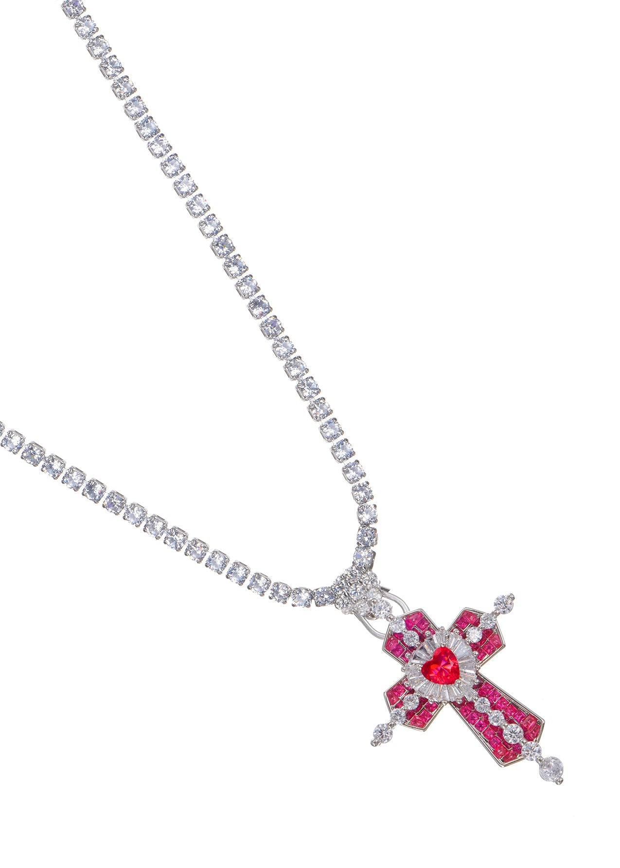 Trya Rotes Herz-Kreuz Glitzernde Halskette - Royal