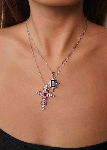 Collana scintillante Trya con croce a cuore rosso