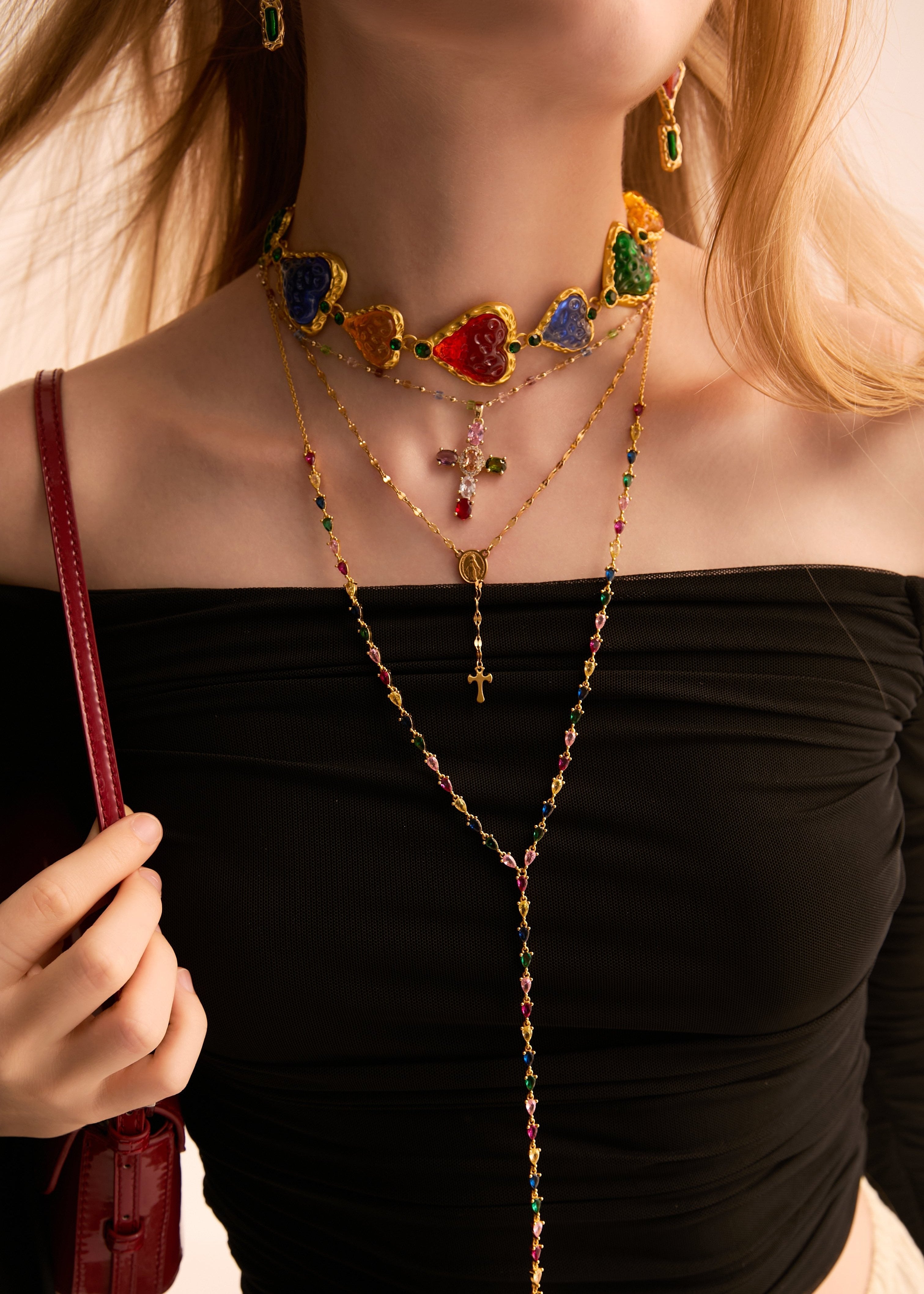 Geraldine Bunte Kristallkreuz-Goldkette